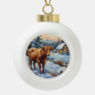 Boule En Céramique Vache Highland vintage dans une prairie de Noël en