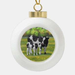 Boule En Céramique Vache Holstein et veau mignon en pâturage d'été