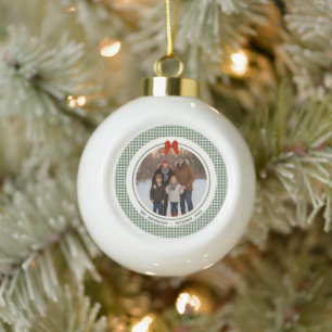 Boule En Céramique Vert sauge Gingham Carreaux Cercle Photo Noël