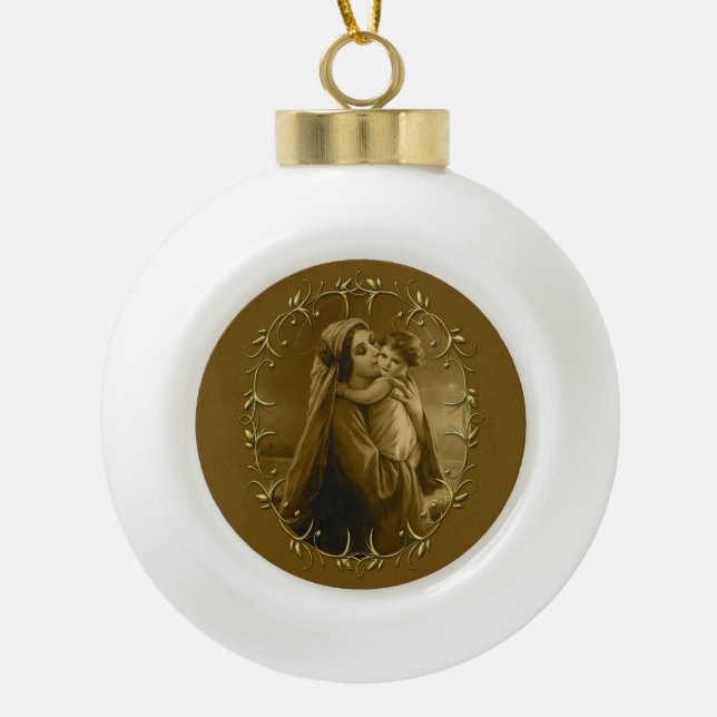 Boule En Céramique Vierge Marie avec Enfant Jésus, Gold Border Design (Devant)