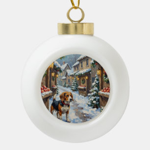 Boule En Céramique Vieux Beagle dans le marché de Noël enneigé