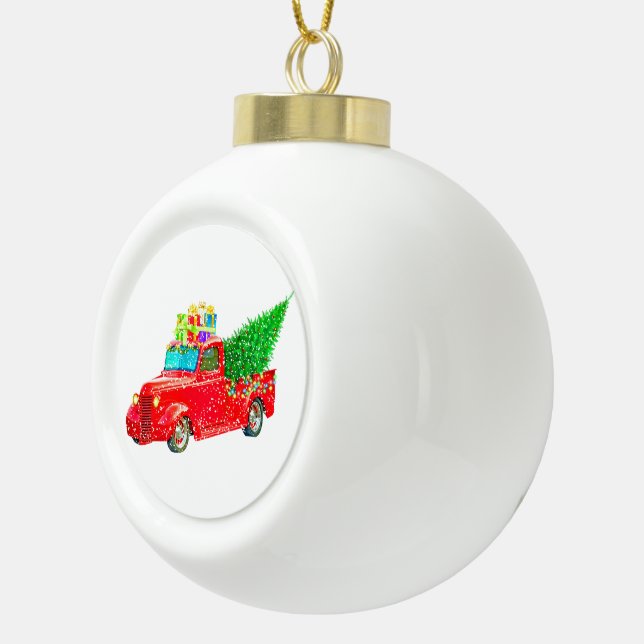 Boule En Céramique Vieux Camion Rouge avec cadeaux et sapin de Noël (Droite)