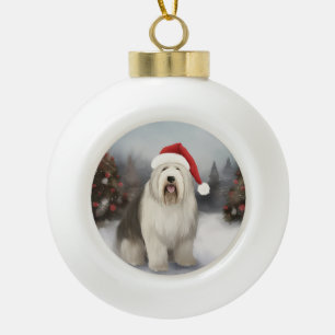 Boule En Céramique Vieux Chien de Berger Anglais dans la neige de Noë