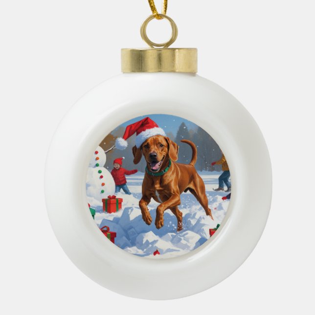 Boule En Céramique Vizsla coule en neige avec Casquette de Noël (Devant)