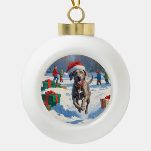 Boule En Céramique Weimaraner courant dans la neige avec un chapeau d