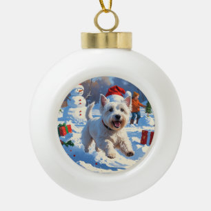 Boule En Céramique Westie courant dans la neige avec un chapeau de No