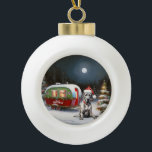 Boule En Céramique Winter Great Dane Caravan Christmas Adventure<br><div class="desc">Laissez-vous tenter par la magie d'une nuit d'hiver enneigée alors qu'une caravane glisse gracieusement à travers le paysage illuminé par la lune. La beauté sereine de la neige scintillante et l'éclat enchanteur de la lune créent une scène captivante, promettant une aventure de Noël inoubliable remplie de chaleur, de joie et...</div>