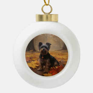 Boule En Céramique Yorkipoo dans les feuilles d'automne tombent inspi