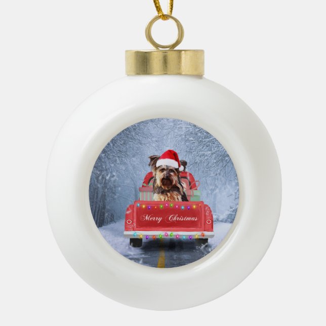 Boule En Céramique Yorkshire Terrier Dog Neige assis à Noël (Devant)