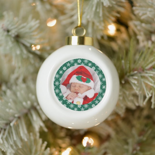 Boule En Céramique Your Photo Santa Baby Green Background Snowflakes (Arbre)