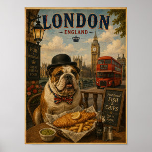 Bouledogue anglais à Londres Affiche de voyage vin
