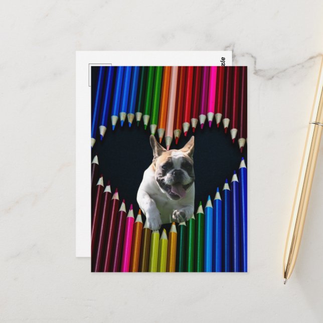 Bouledogue français carte postale coeur (Devant/Arrière en situation)