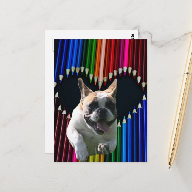 Bouledogue français carte postale coeur (Devant/Arrière en situation)