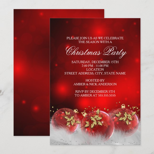 Boules de Noël en Or Rouge Invitation pour Fête de (Devant / Derrière)