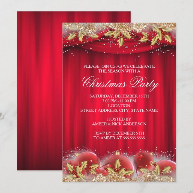 Boules de Noël Rouge et Or Invitation pour Fête de (Devant / Derrière)