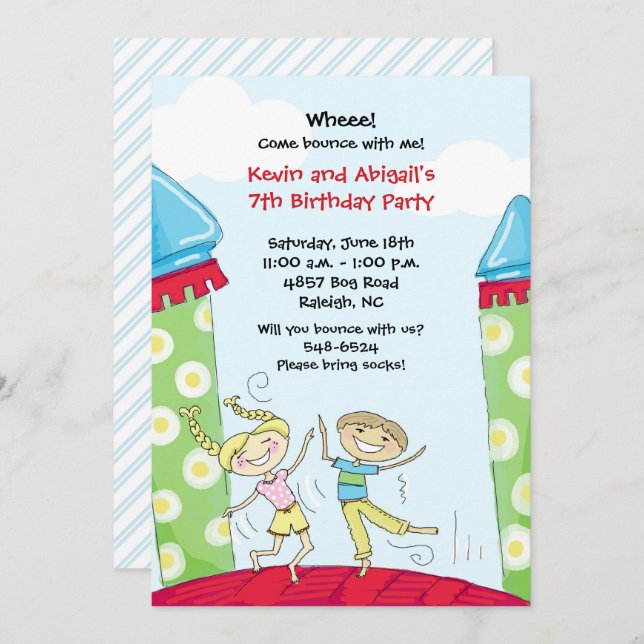 Bounce House Invitations Green Boy and Girl (Devant / Derrière)