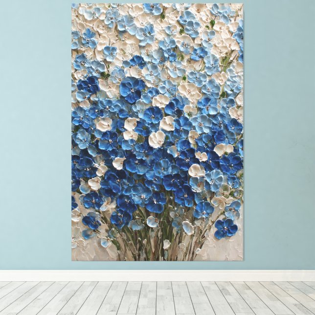 Bouquet Bleu et Blanc Art Mural Abstrait Floral (Insitu (Plancher de Bois))