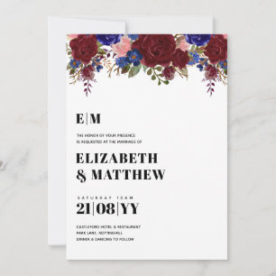 Bouquet Bourgogne Bleu Roses Mariage Invitation