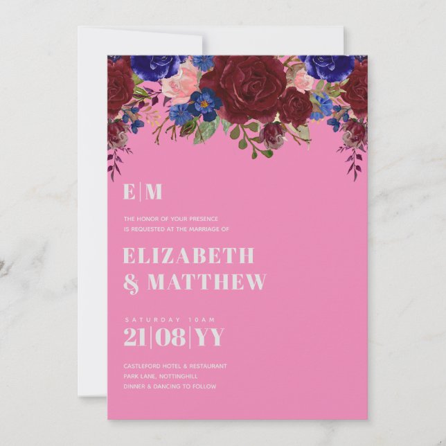 Bouquet Bourgogne Bleu Roses Mariage Invitation (Devant)
