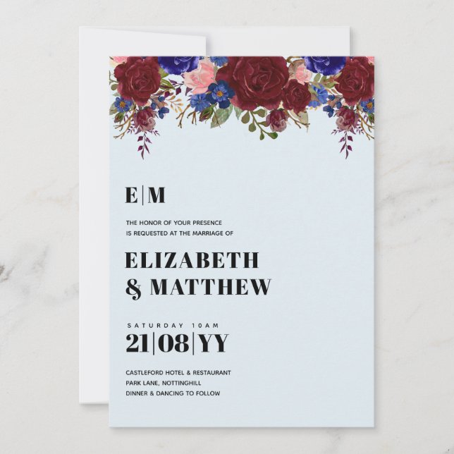 Bouquet Bourgogne Bleu Roses Mariage Invitation (Devant)