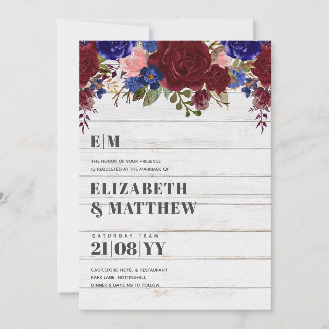 Bouquet Bourgogne Bleu Roses Mariage Invitation (Devant)