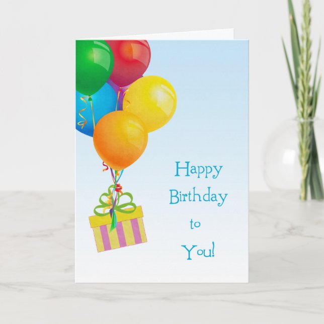 Bouquet de ballons colorés, cadeau, carte d'annive (Devant)