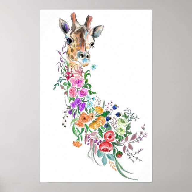 Bouquet de fleurs colorées Girafe Affiche Peinture (Devant)