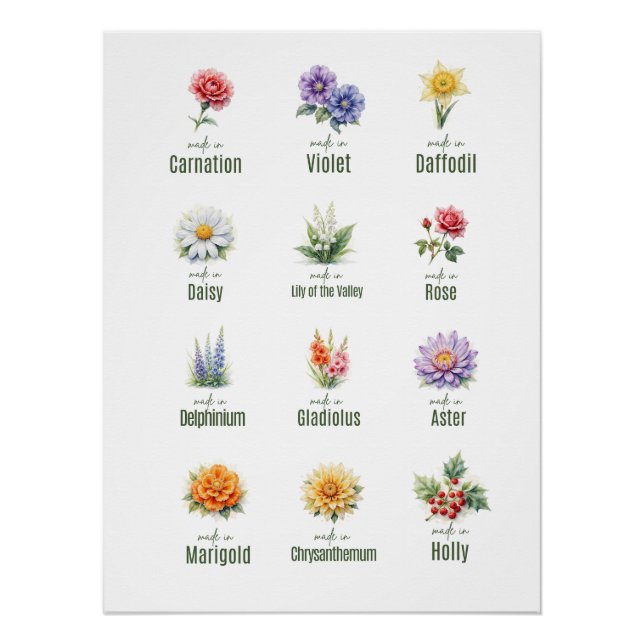 Bouquet de fleurs de naissance Affiche | Floral aq (Devant)