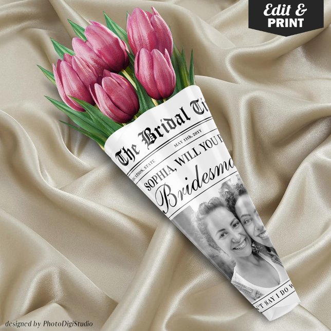 Bouquet de fleurs en papier journal pour demande d (Editable Fun Bridesmaid Proposal Newspaper Flower Bouquet Wrapping Paper Sheets)
