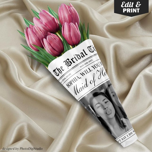 Bouquet de fleurs en papier journal pour demande d (Editable Maid of Honor Proposal Newspaper Flower Bouquet Wrapping Paper Sheets)