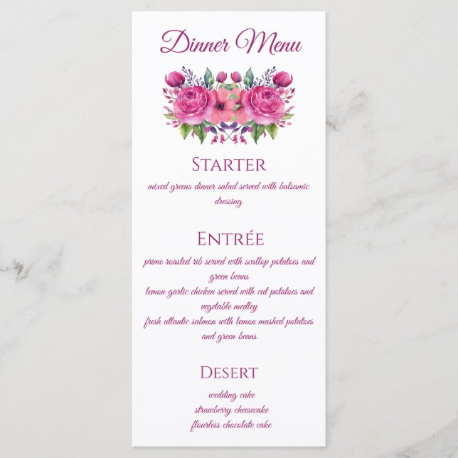 Bouquet de fleurs roses d'aquarelle - Menu Mariage (Devant)
