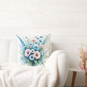 "Bouquet de fleurs sauvages Bleu & Rosé   Coussin 