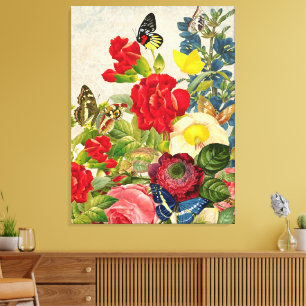 Bouquet de fleurs vintage papillons toile enroulée