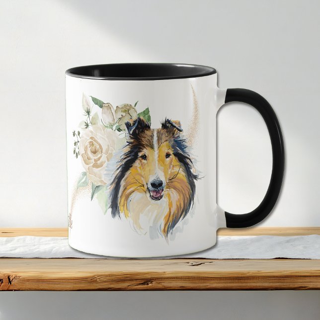 Bouquet de Rose blanche Collie Chien Mug (Créateur téléchargé)