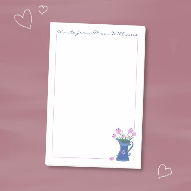 Bouquet de tulipes roses Post-It Notes pour enseig (Pink tulips bouquet in a blue jug personalized sticky notes . )