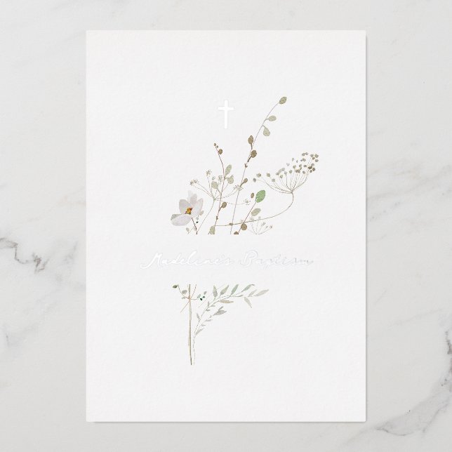 bouquet délicat Baptême feuille argent Invitation (Recto)