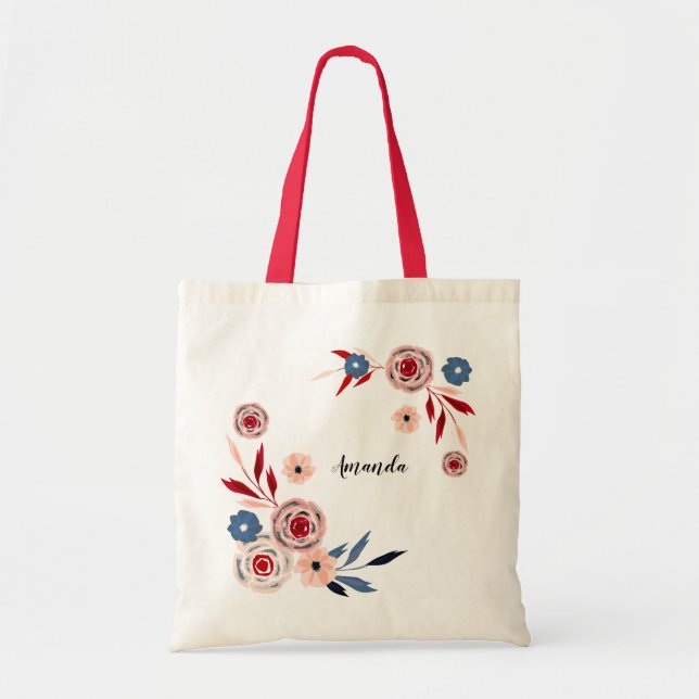 Bouquet floral aquarelle, sac cabas personnalisé (Devant)