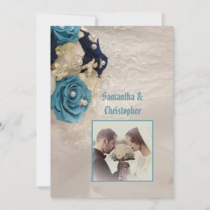 Bouquet floral bleu mariage photo invitation