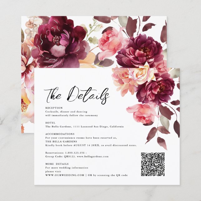 Bouquet Floral Bourgogne QR code Détails Mariage (Devant / Derrière)