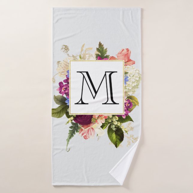 Bouquet floral de monogramme à l'aquarelle rose mo (Serviette de bain)