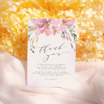 Bouquet floral d'été Merci élégant<br><div class="desc">Un design baby shower féminin avec "merci" dans un élégant script cursif encadré par un bouquet de fleurs d'aquarelle rose. Ces cartes de remerciement sont une façon parfaite d'express votre gratitude à vos invités sans passer des âges écrire un nouveau message pour chacun! Le modèle dit : "NOUS VOUS ENVOYONS...</div>