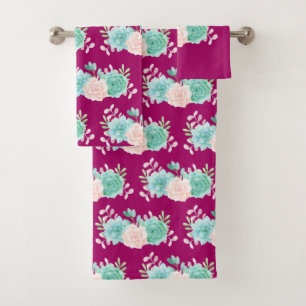 Bouquet floral rose et vert sur fond motif magenta