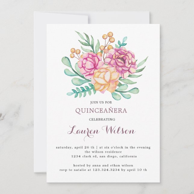 Bouquet floral rose Quinceanera Invitation (Devant)