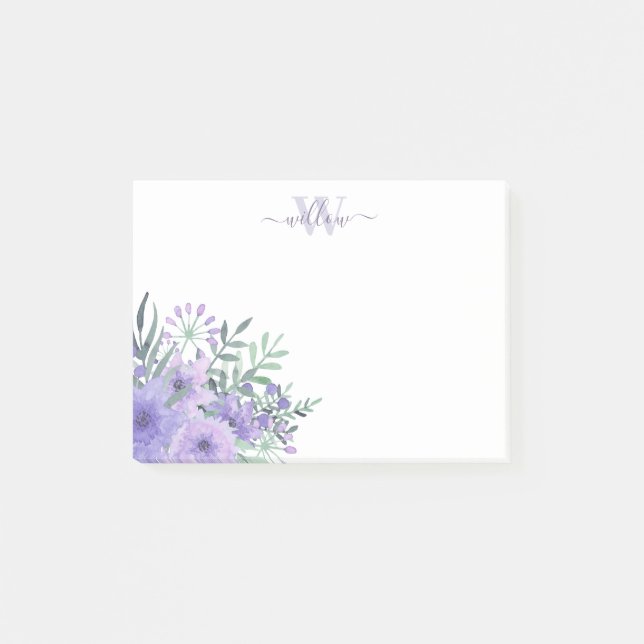 Bouquet Floral Violet Monogramme Post-It Notes (Devant)
