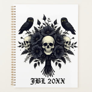 Bouquet Goth avec trois crânes et deux hiboux