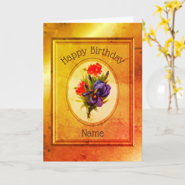 Bouquet vintage bleu Iris Fleur Carte Anniversaire (Fleur jaune)
