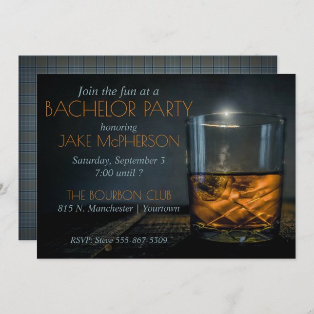 Bourbon Gentleman Plaid Bachelor Invitation (Devant / Derrière)