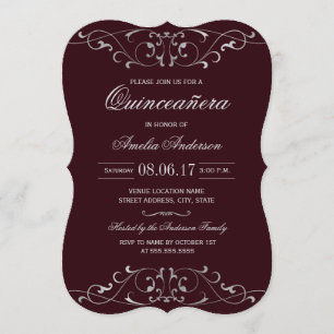 Bourgogne Argent Elégant Quinceanera Invitation