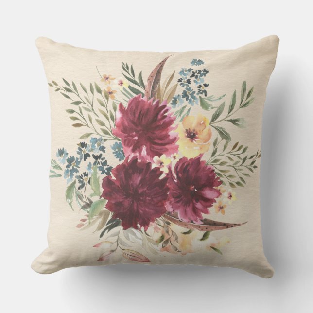 Bourgogne, Bleu, Pêche Floral Coussin extérieur 20 (Recto)