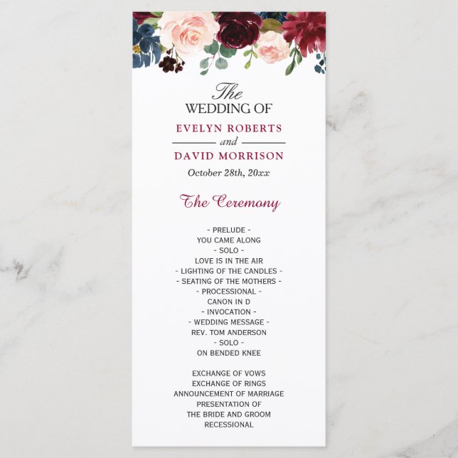Bourgogne Blush Blue Bloom Programme de mariage fl (Devant)